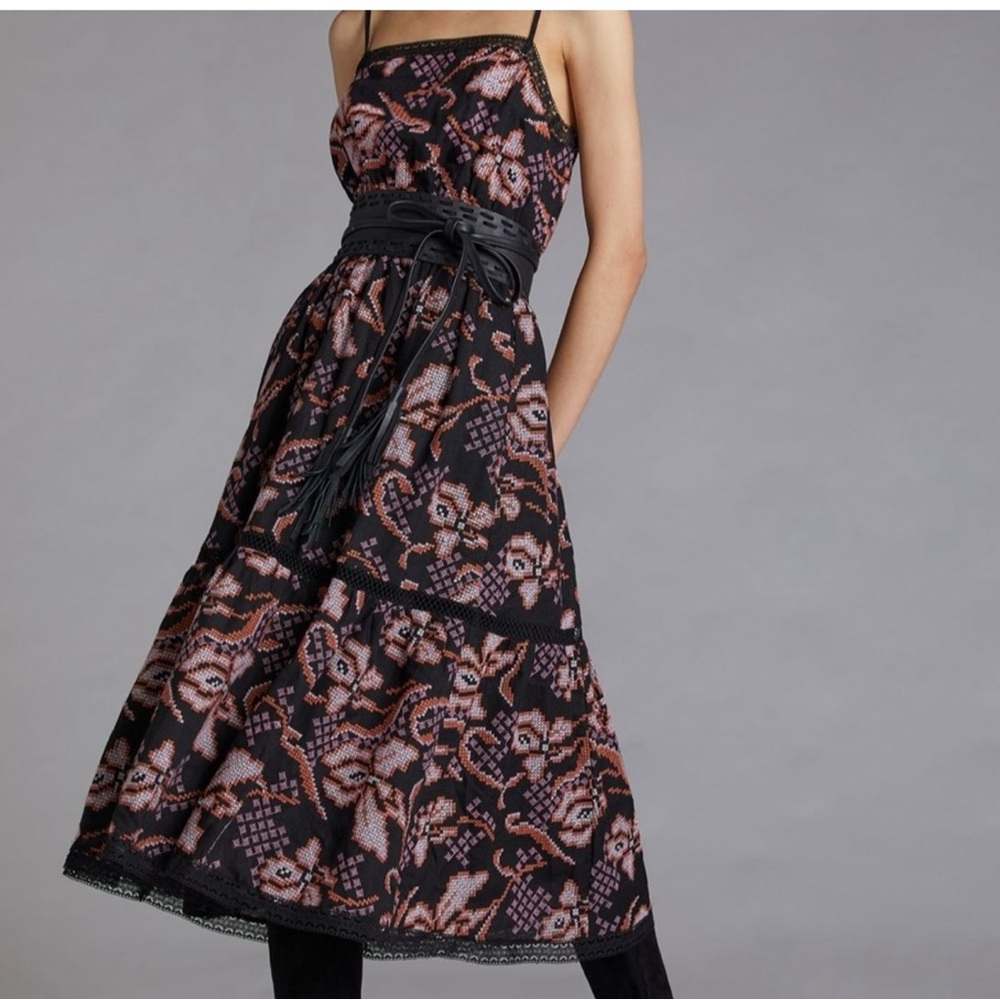 Anthropologie Black and Pink Cross Stitch Embroidered Midi Dress